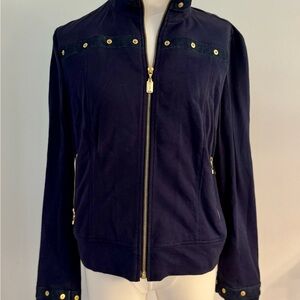 Vintage St. John Blue and Gold Bomber Jacket with Structured Shoulders